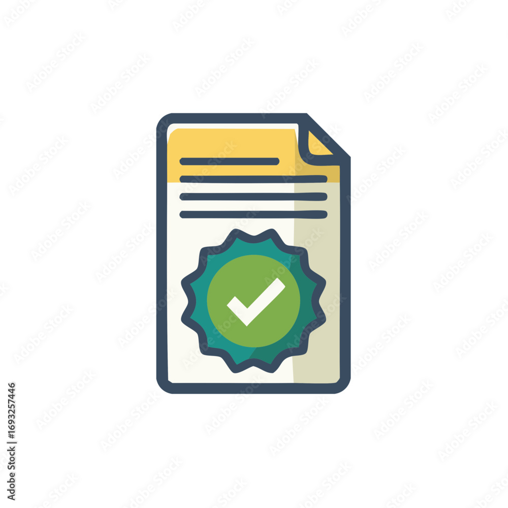 Poster approved document with green checkmark badge and text lines concept illustration