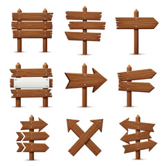 A collection of nine different rustic wooden signs, signposts, and arrow pointers isolated on a white background.