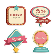 Collection of four retro signs with different shapes and text.