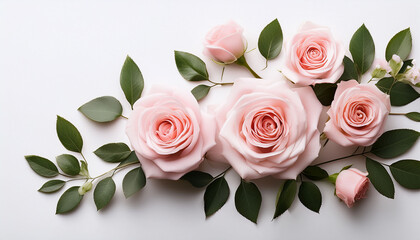 Elegant Pink Roses And Leaves On White Background