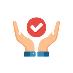 Obraz premium Hands holding a red circle with white checkmark symbol representing approval success or confirmation