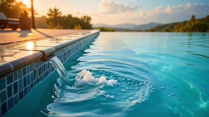 Tranquil luxury swimming pool with flowing water and sunset views for upscale vacation rentals and relaxing summer vibes in paradise