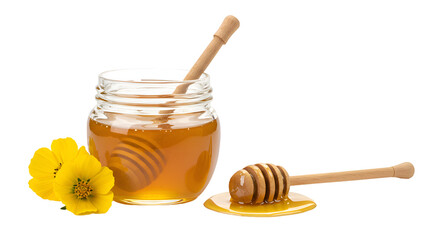 Glass Jar of Golden Honey, Dippers, and Bright Yellow Flowers