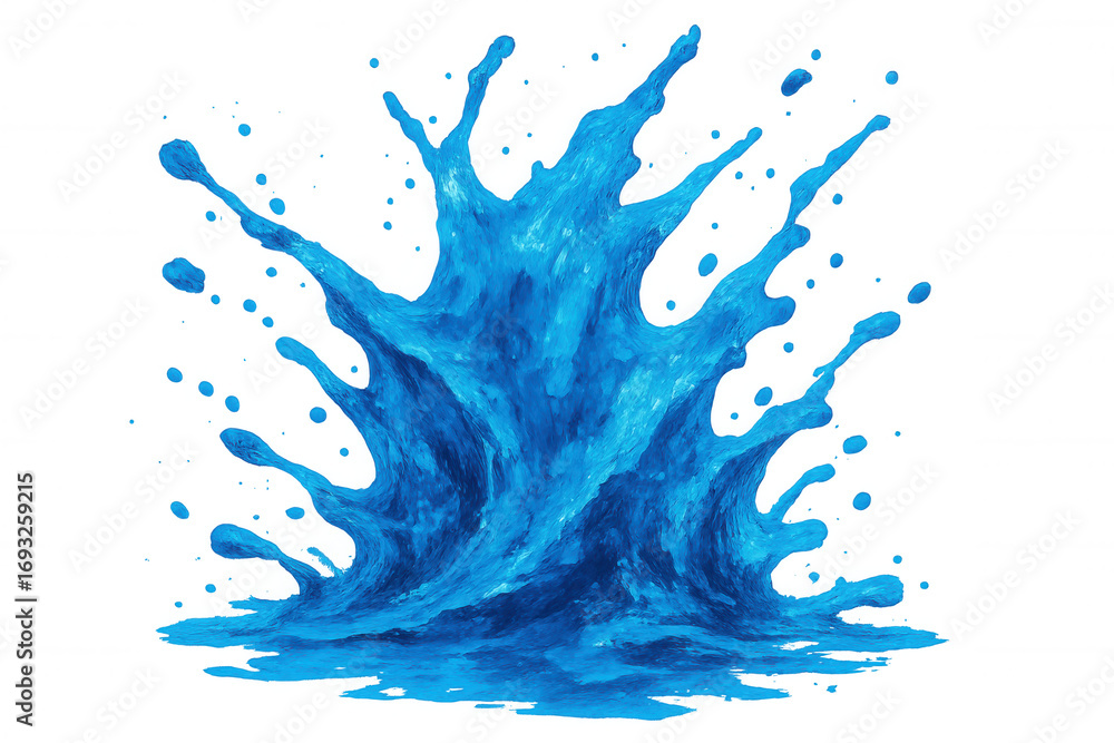 Poster water splashing vigorously, creating dynamic blue patterns with transparent droplets, conveying ener