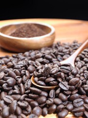  Close up of wooden spoon and coffee beans.