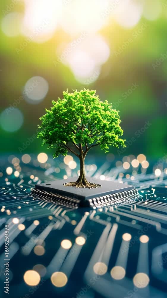 Poster Tree growing on a computer chip symbolizing technology, nature, and environmental responsibility in a technology driven world