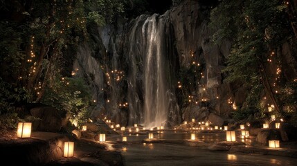 Waterfall illuminated by lanterns