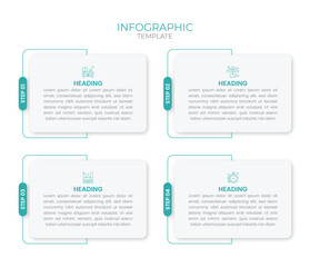 Modern infographic template with four steps, icons, and text boxes. Minimal teal design for business process, workflow, presentation, and data visualization.