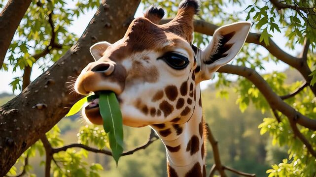 Graceful giraffe nibbling lush green leaves under the warm African sun in this captivating wildlife video scene, creating a sense of peace