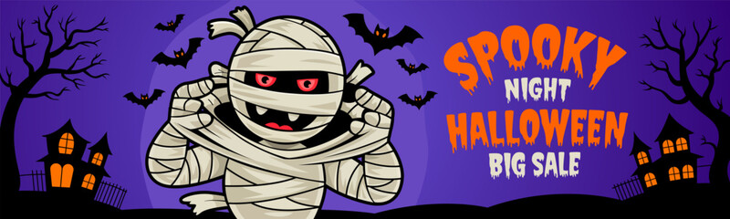 Halloween spooky night. Halloween Sale concept. Halloween banner design. Halloween Sale poster template with mummy. Halloween Promotion poster. Happy Halloween greeting card. Vector illustration