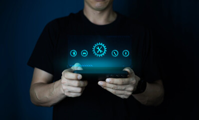 Car business concept and technology on virtual screen, Serviceman working onsite use tablet check service cycle for maintenance