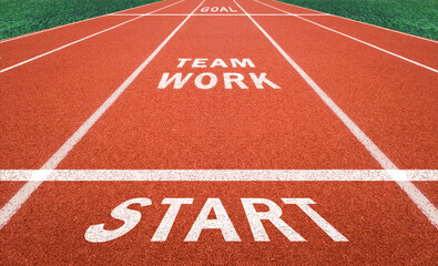 team work concept. Start and team work sign on running track