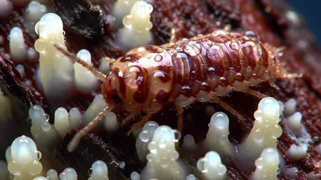 Detailed Close Up of Woodlouse on Textured Surface Pale Red Hue and Water Droplets Microscopic Life Study Exploring Small Organisms Under Controlled Lighting Conditions in Macro View