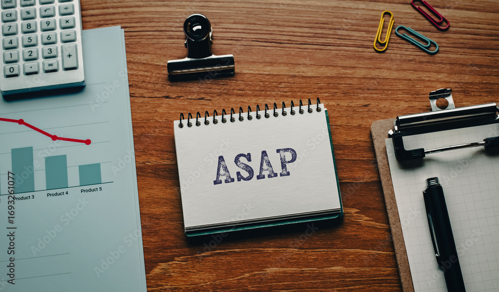 Poster there is notebook with the word asap. it is an abbreviation for as soon as possible as eye-catching 