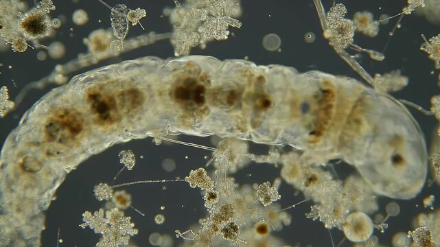 Detailed Microscopic View of a Curved Helminth Worm with Visible Internal Structures Surrounded by Protozoa on a Light Background for Education and Research Usage for Advertisement Media