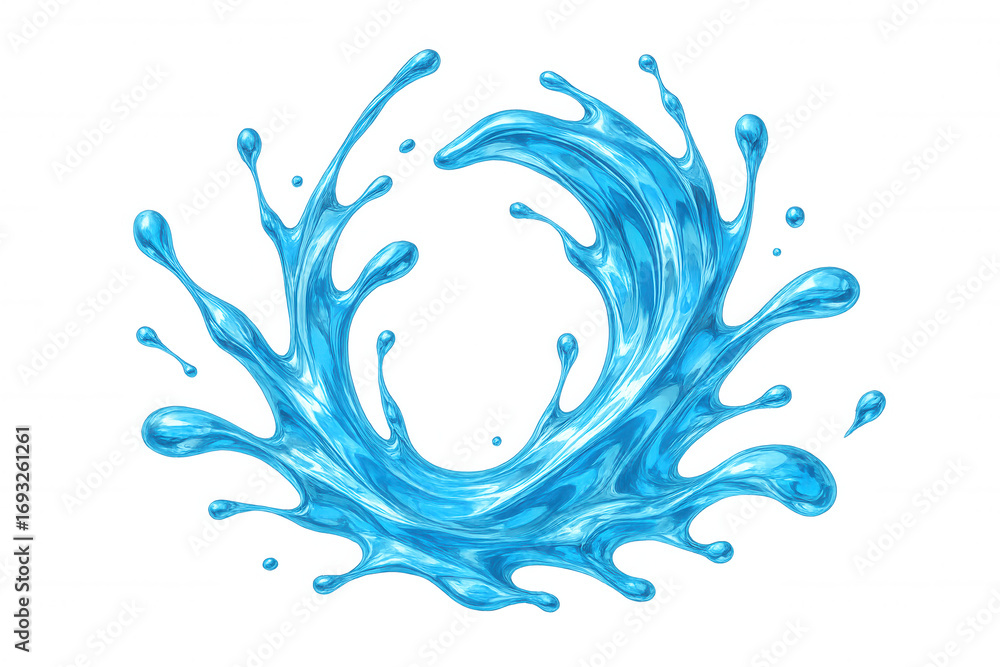 Poster vivid blue water forming a dynamic circular splash with droplets, isolated on a transparent backgrou