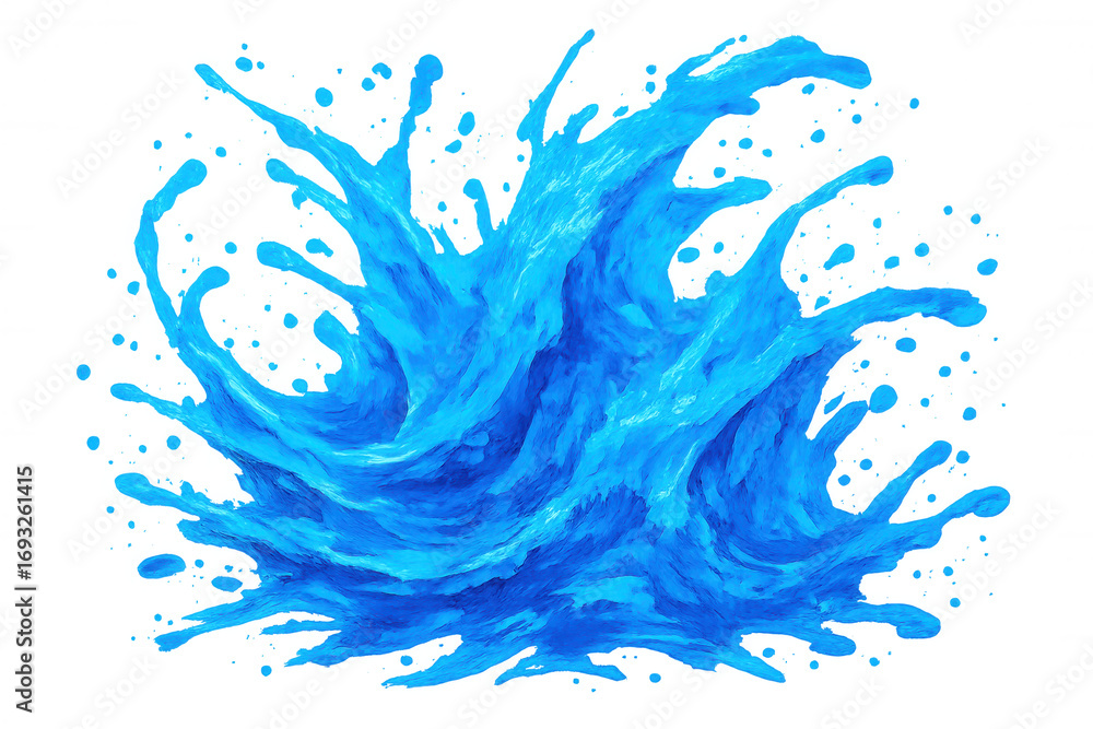 Poster vivid blue water wave dynamically splashing, generating energetic visual effect with transparent bac
