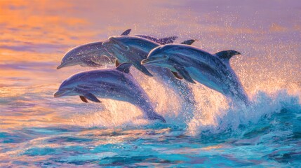 Fototapeta premium Dolphins jumping sunset seascape