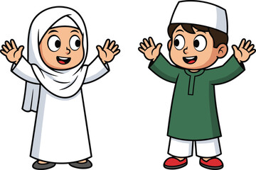 Two smiling children in cultural attire, white hijab and green tunic, waving hands, cheerful friendship vector art, playful diversity illustration, traditional clothing design