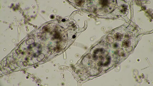 Detailed Microscopic View of Three Paramecia in a Pale Background with Intricate Internal Structures and Visible Cilia Perfect for Scientific Visualization and Biological Education