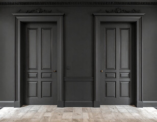Two identical, elegantly paneled dark gray doors are symmetrically framed by ornate trim against a matching dark gray wall, resting on a sophisticated light wood floor. This image conveys luxury, mode