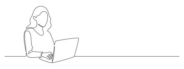 Woman with laptop computer in one continuous line drawing. Symbol of businesswoman and female student in simple linear style. Searching concept in Editable stroke. Doodle sketch vector illustration