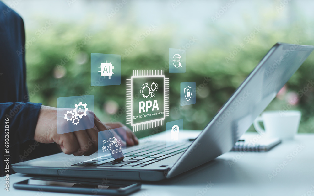 Poster businessman using laptop with rpa robotic process automation and ai technology icons, innovation in 