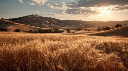 Fototapeta premium Golden wheat field at sunset, rolling hills