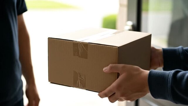 A delivery person hands a brown cardboard box package to a recipient at the doorstep, symbolizing logistics, shipping, and the convenience of online shopping and home delivery services