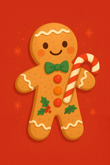 Cute gingerbread man holding candy cane, Christmas holiday mascot illustration