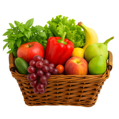 Rustic Wicker Basket Filled with Fresh Fruits and Vegetables