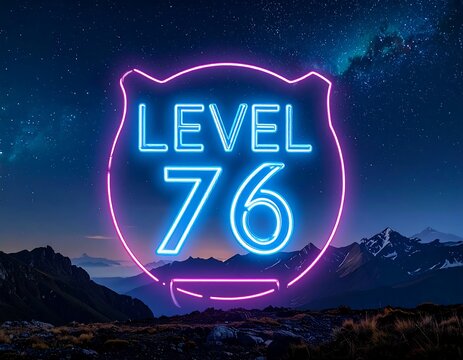 Neon sign graphic of "Level 76" over a night landscape