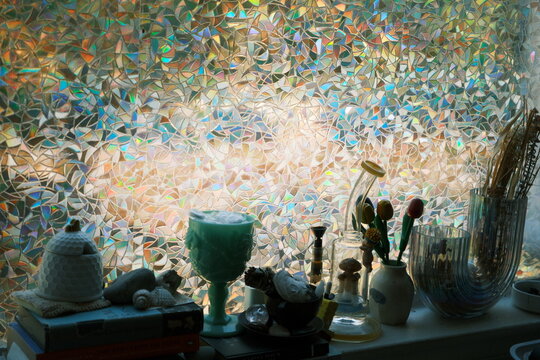 Cool mosaic glitter stained glass window with objects bong display on window swill