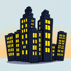 Stylized city skyline at night with yellow windows and cozy atmosphere 