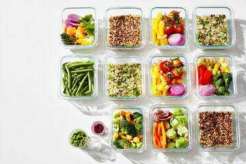 Healthy meal prep containers with vegetables, grains and salad, flat lay