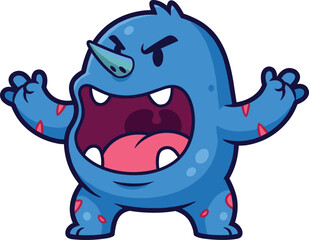 Cartoon blue horned monster character, playful fantasy creature illustration, angry expression design concept, kids game mascot vector art, cad drawing flat vector illustration