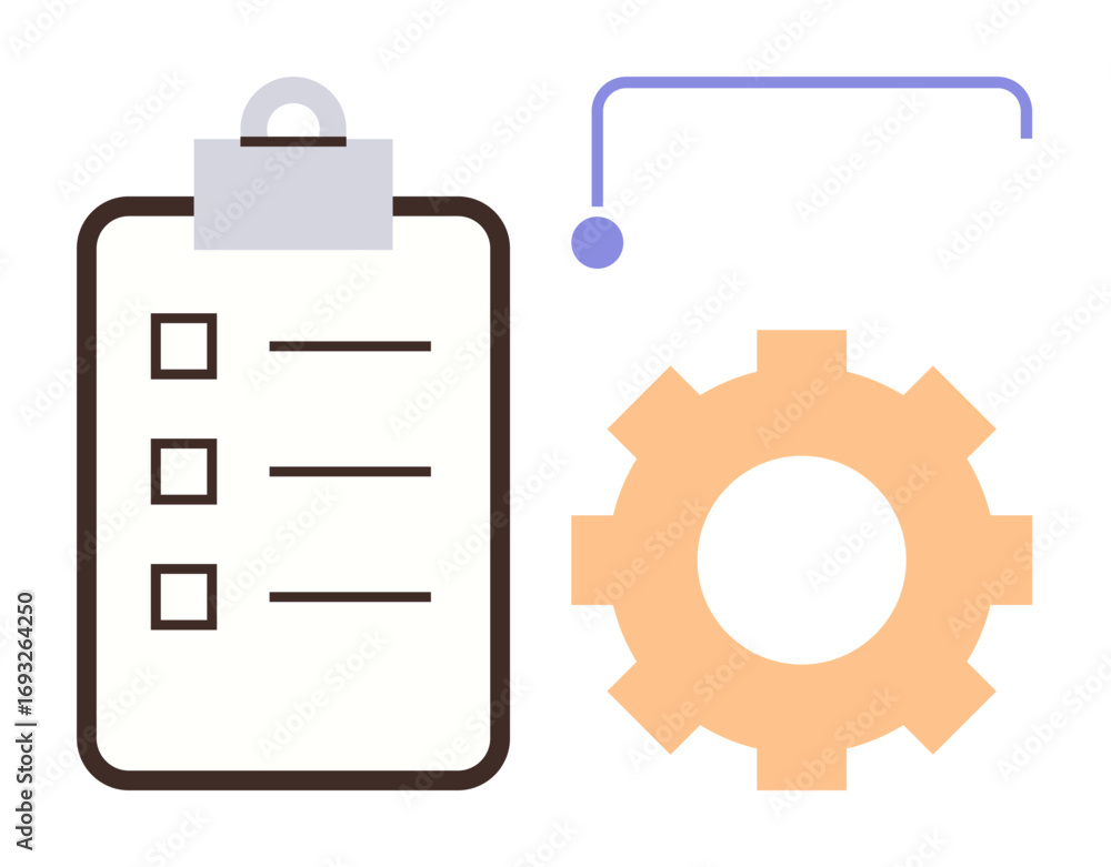 Poster clipboard with checklist next to a gear representing workflow, automation, and productivity. ideal f