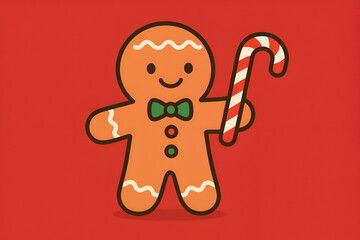 Cute gingerbread man holding candy cane, Christmas holiday mascot illustration