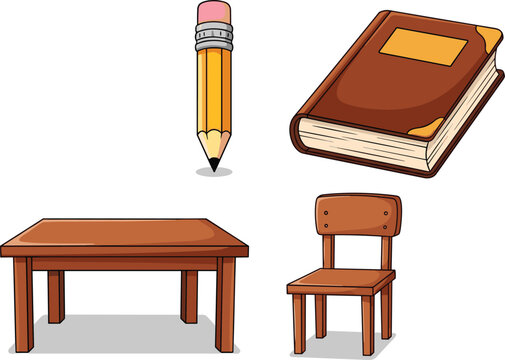 Cartoon classroom objects illustration, pencil book table chair design, school study equipment vector art, educational supplies concept, cad drawing flat vector illustration