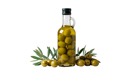 Pure Olive Oil Bottle with Green Olives and Fresh Leaves, Healthy Mediterranean Food