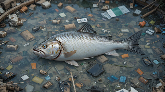Dead fish in a polluted, dried-up waterbed surrounded by trash, symbolizing water scarcity, environmental degradation, pollution impact, and the urgent need for sustainability efforts