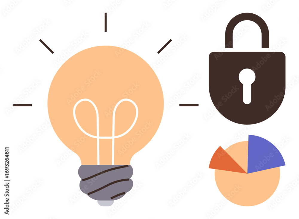 Poster light bulb shining symbolizing creativity, lock representing security, pie chart showing data. ideal