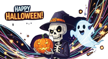 Skeleton in witch hat, holding jack-o’-lantern pumpkin, smiling ghost, colorful Halloween background, festive autumn vector art, magical spooky design, seasonal holiday illustration