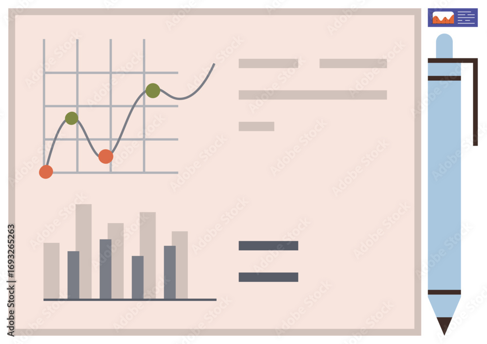 Poster graphs with data points, bar chart, calculations, and pen representing data analysis, information ma