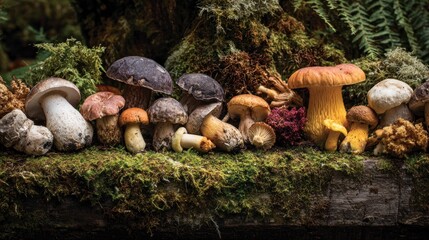 Obraz premium Variety of mushrooms on mossy ground