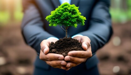 A person in a business suit gently holds a small green tree with soil, symbolizing growth, sustainability, and environmental care.