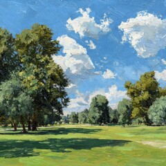 Fototapeta premium Sunny parkland scene with leafy trees