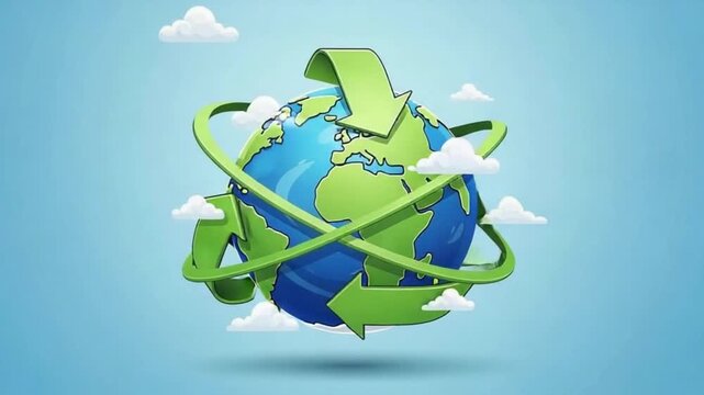 Rotating Earth with Recycling Arrows and Clouds on Light Blue Background