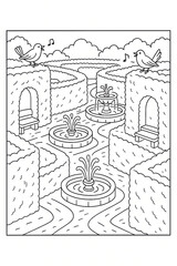 Garden Maze with Fountains Coloring Page