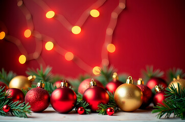 Festive Christmas Ornaments and Lights on White Wooden Surface B